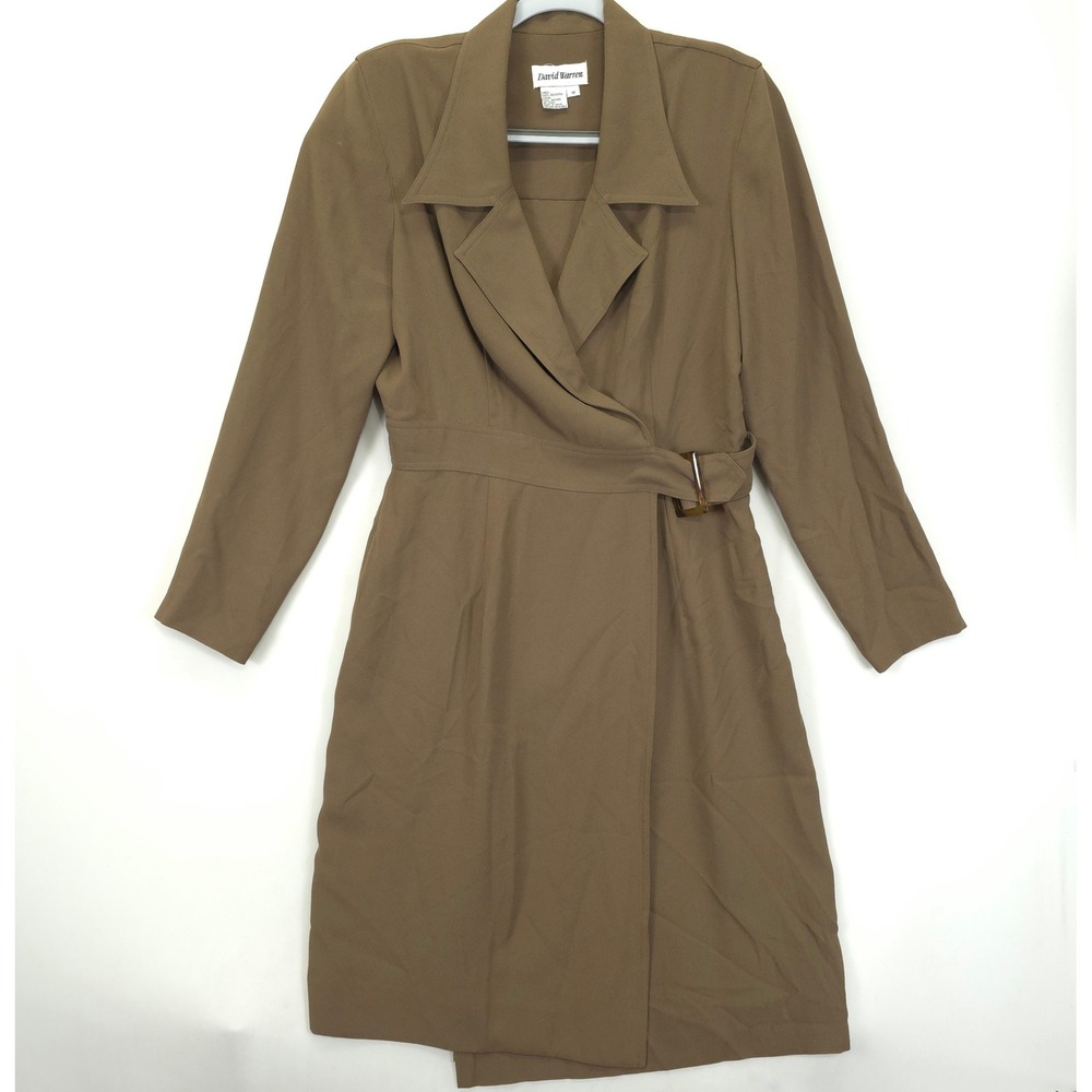 David Warren Coat Dress Women 10 Taupe Brown Belted Long Sleeve Lined Career
